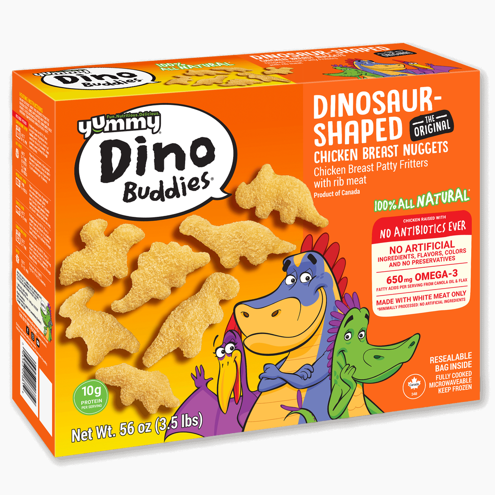 Dino Buddies dinosaur-shaped chicken breast nuggets box