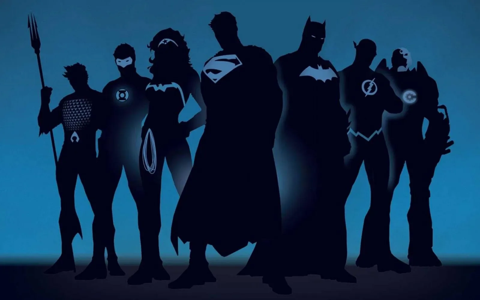 Silhouettes of the Justice League standing together against a blue background