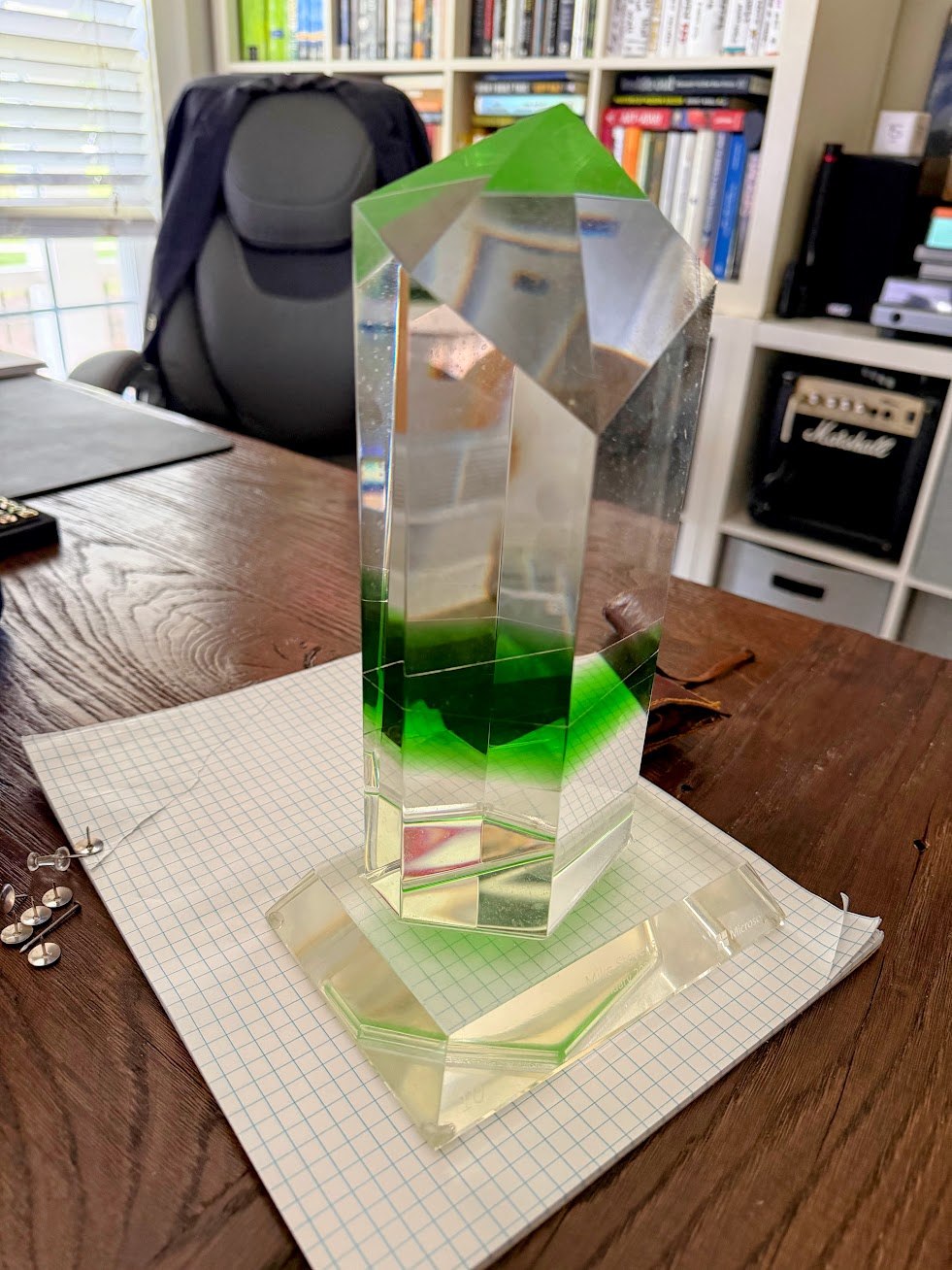 Mike Stevens's ten-year Microsoft anniversary crystal with green geometric accents on his desk
