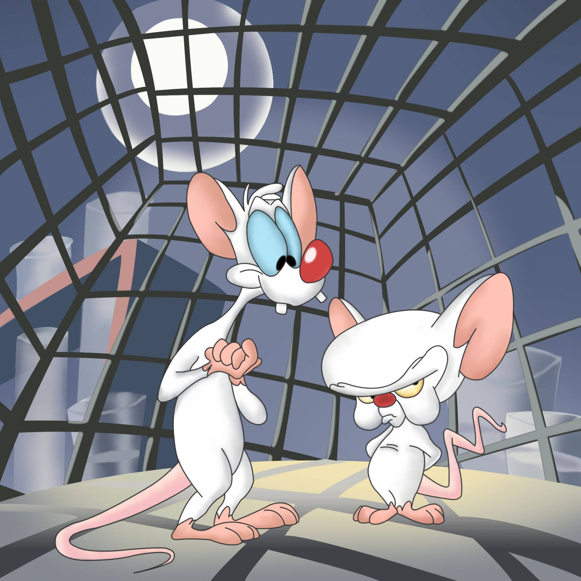 Pinky and the Brain standing in their laboratory cage