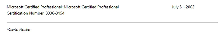Microsoft Certified Professional certification record from July 31, 2002
