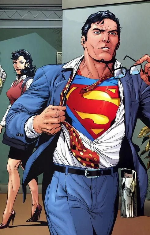 Clark Kent revealing his Superman uniform beneath a business suit