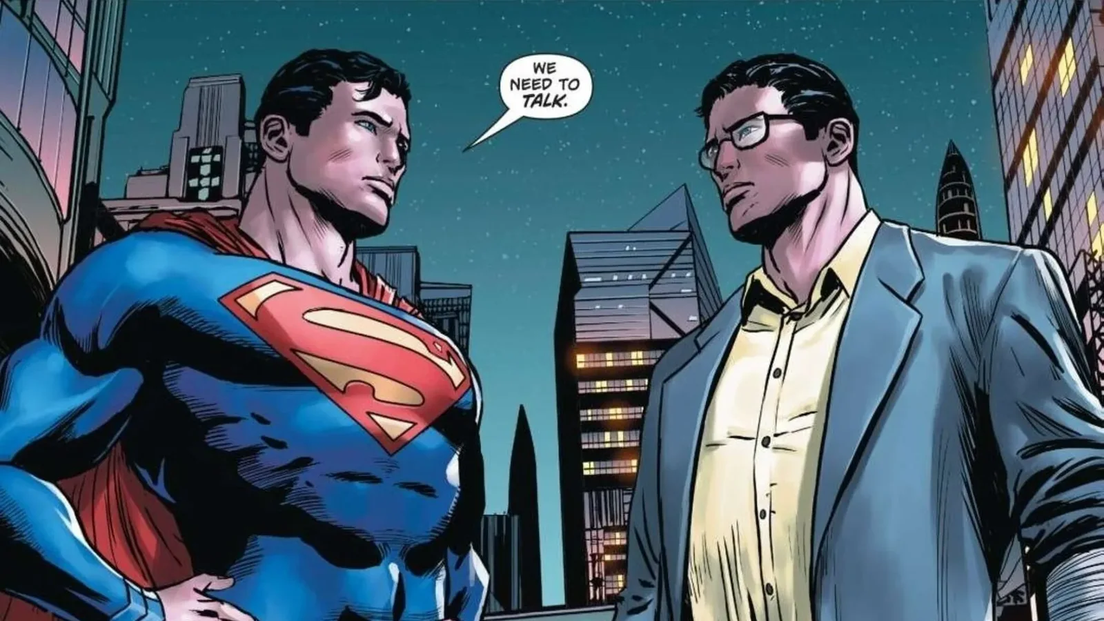 Superman and Clark Kent facing each other beneath the words “We need to talk”