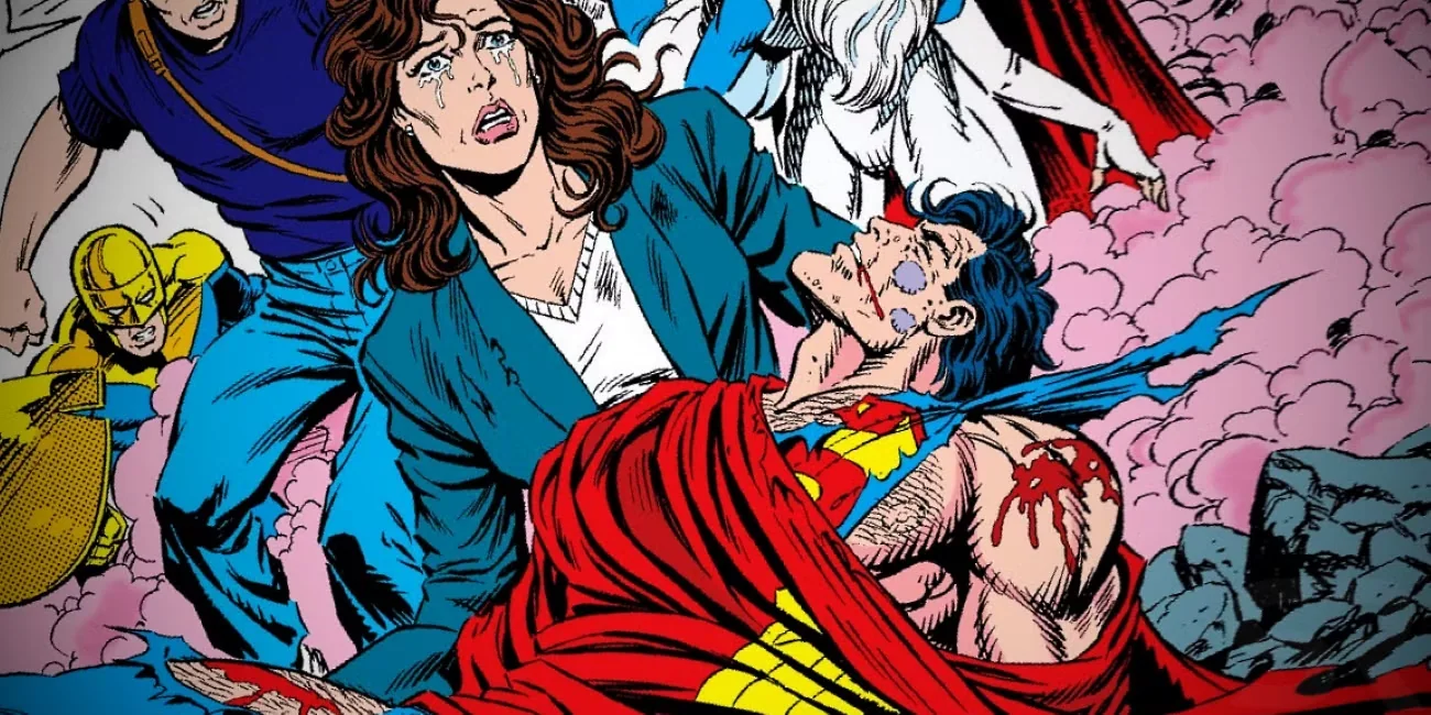 An injured and overwhelmed Superman being helped by Lois Lane
