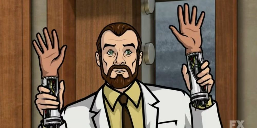 Animated scientist holding two cybernetic arms