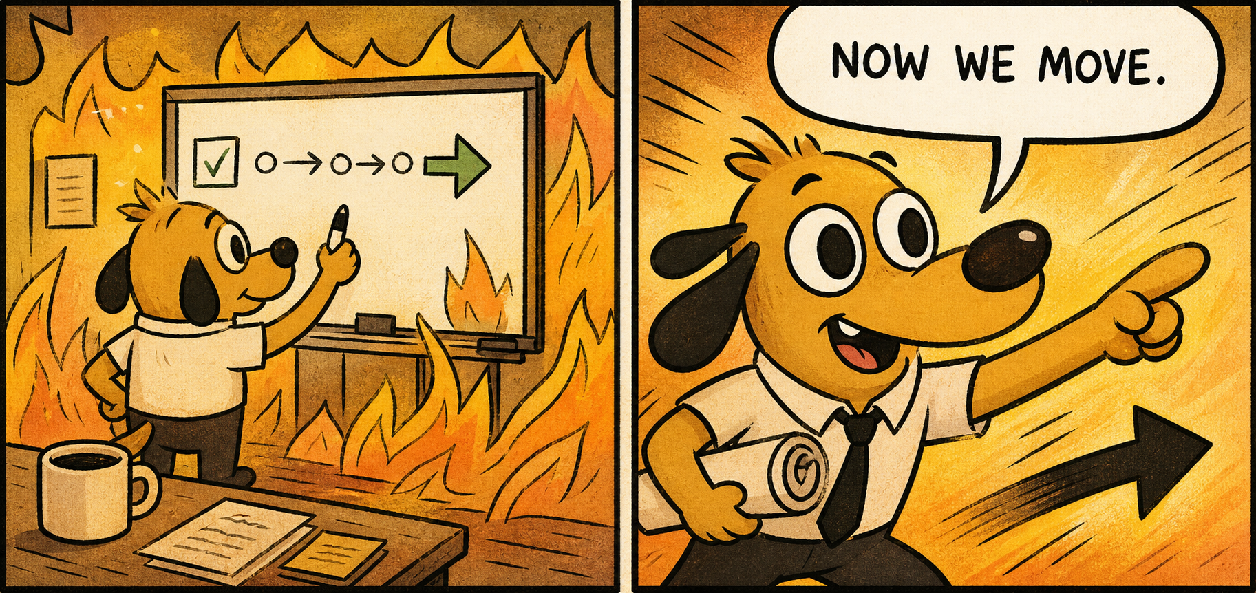 A warm two-panel comic showing a dog mapping a plan on a whiteboard, then pointing forward and saying, Now we move.