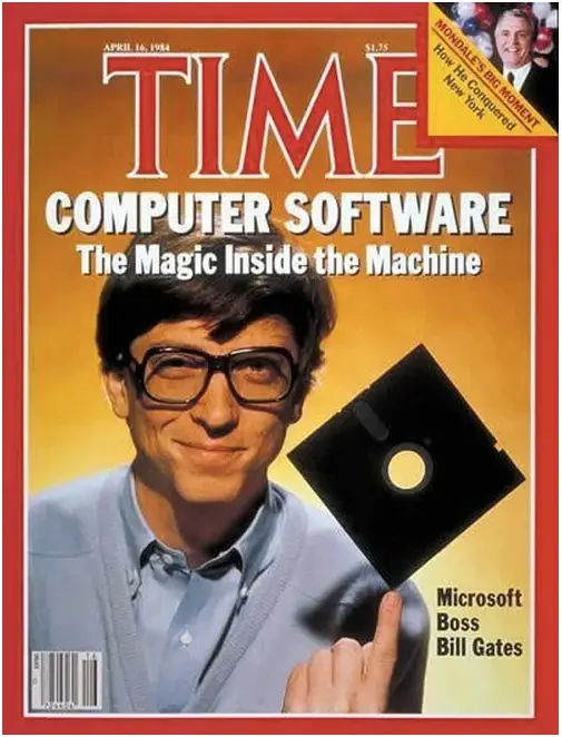 Bill Gates holding a floppy disk on TIME magazine's 1984 “Computer Software” cover