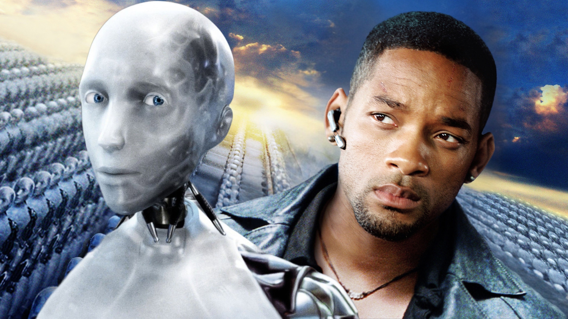 Will Smith standing beside the humanoid robot Sonny in the film I, Robot