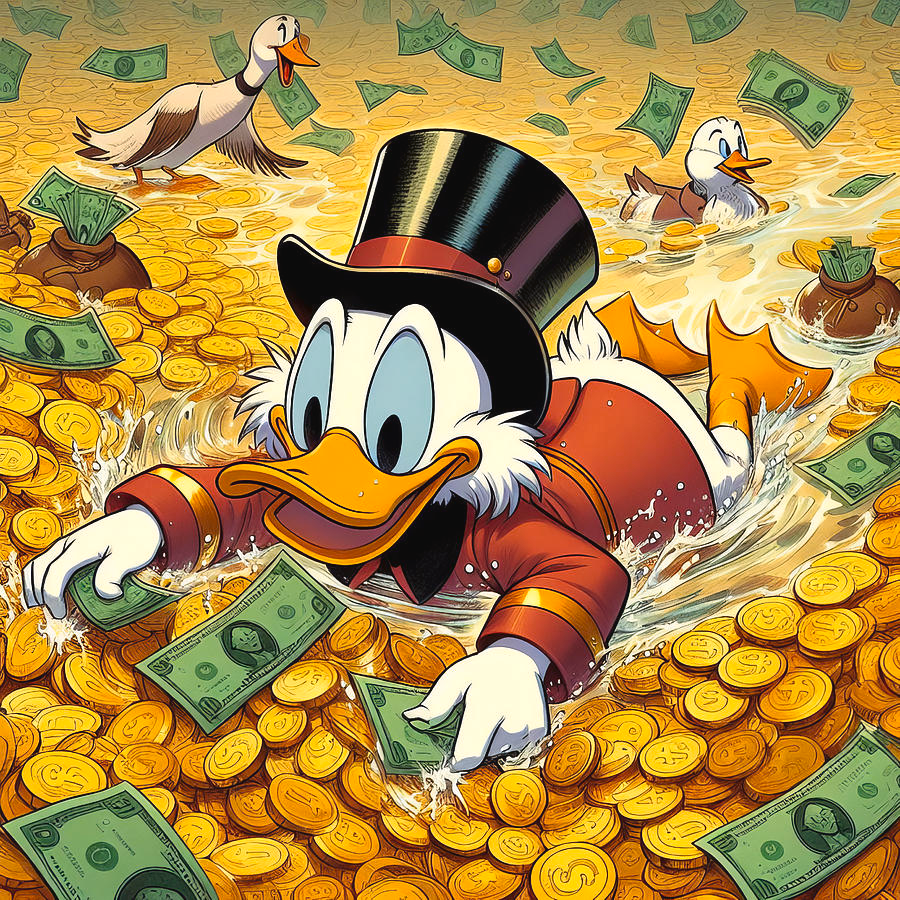Scrooge McDuck swimming through a vast pool of gold coins and dollar bills