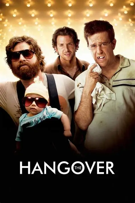 Movie poster for The Hangover featuring Alan, Phil, Stu, and a baby