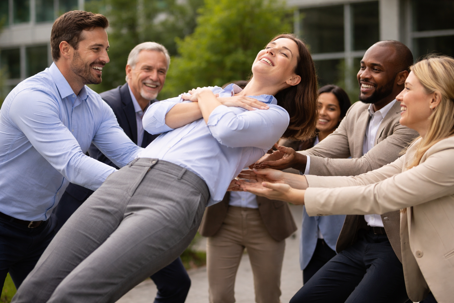 A group of colleagues preparing to catch a woman performing a trust fall