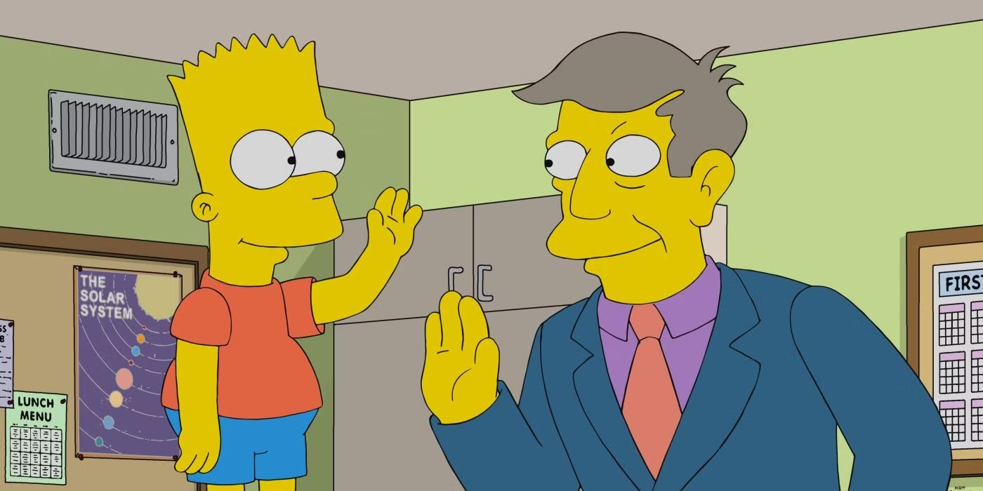 Bart Simpson and Principal Skinner facing each other with their hands raised