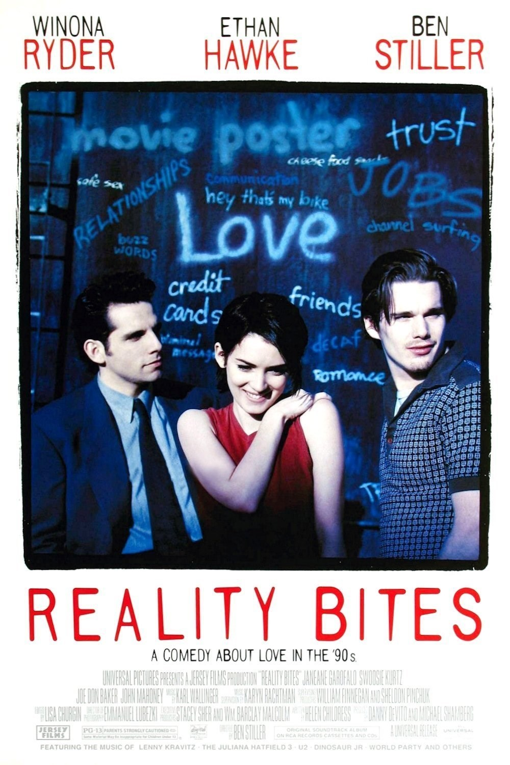 Poster for the film Reality Bites featuring Ben Stiller, Winona Ryder, and Ethan Hawke