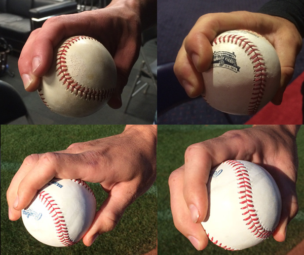 Four photographs showing different baseball pitch grips