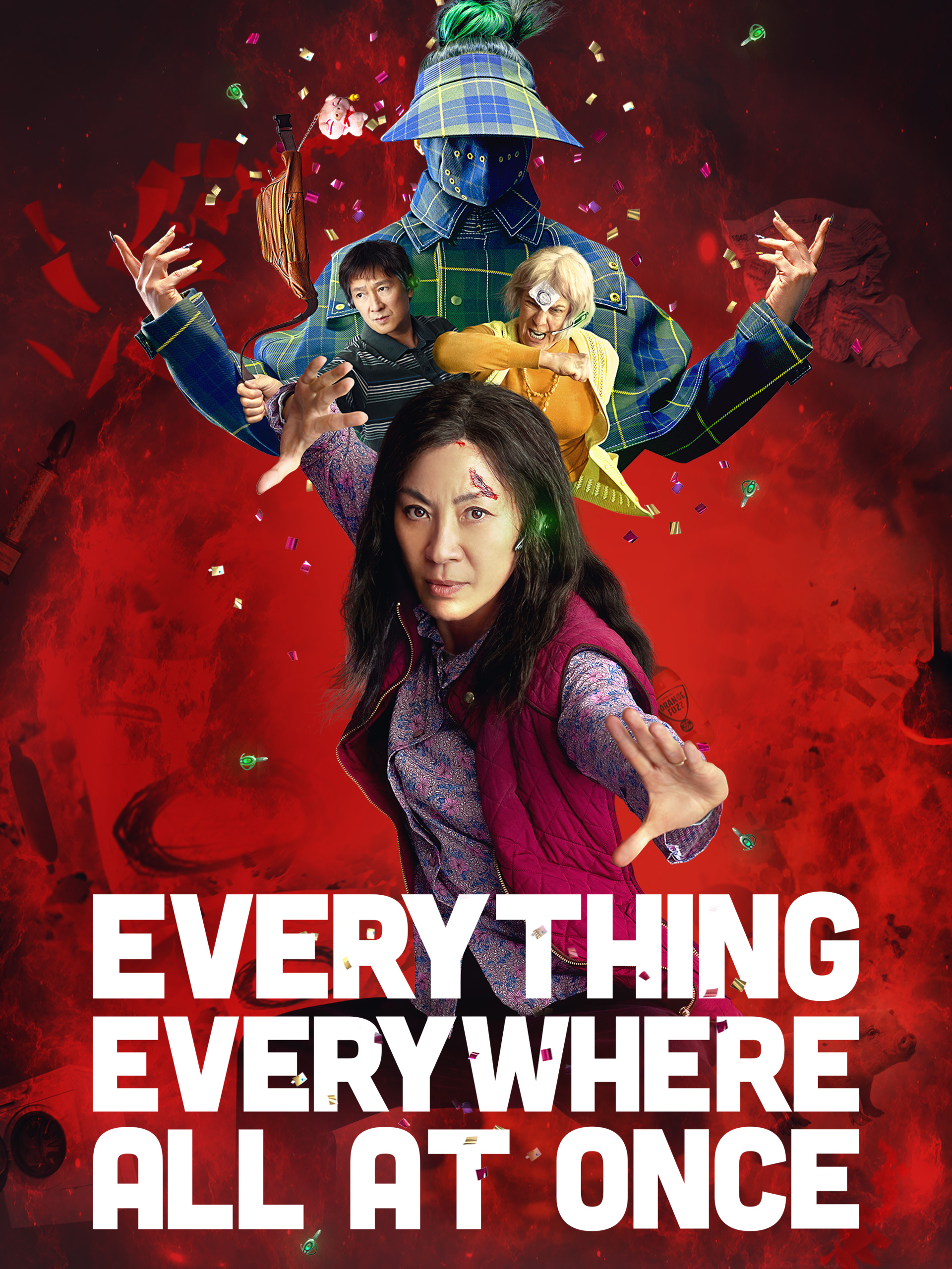 Poster artwork for Everything Everywhere All at Once featuring Evelyn and multiple characters from the film