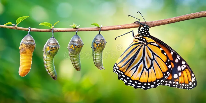 Stages of monarch-butterfly metamorphosis hanging from a branch beside an emerged butterfly