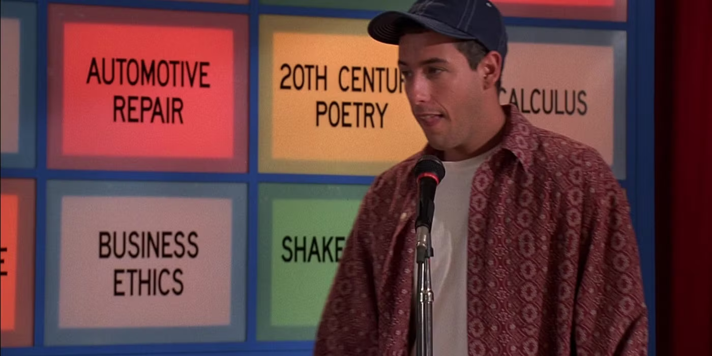 Billy Madison standing at a microphone during an academic decathlon in the film Billy Madison