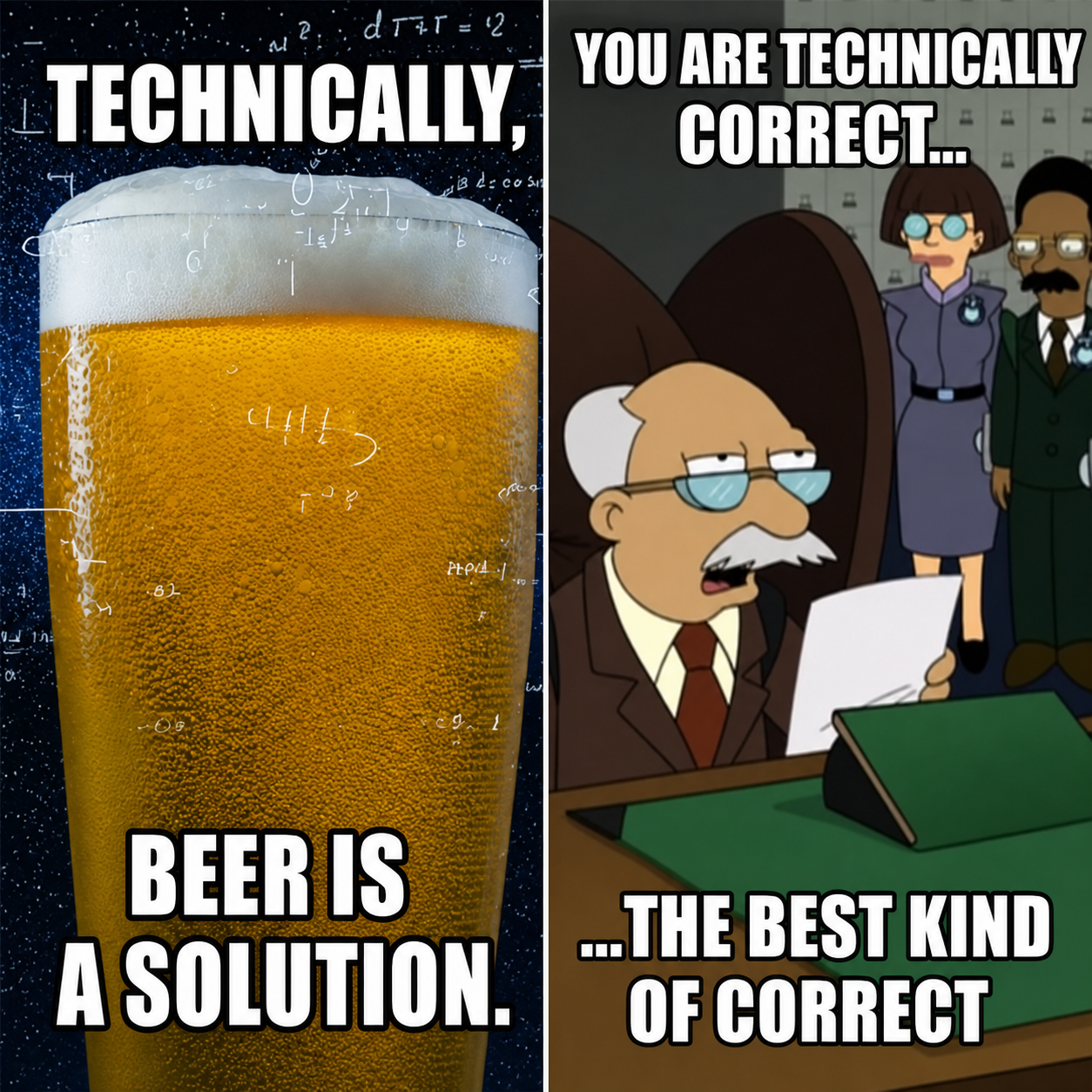 Two-panel meme: a beer described as technically a solution beside the Futurama technically correct meme