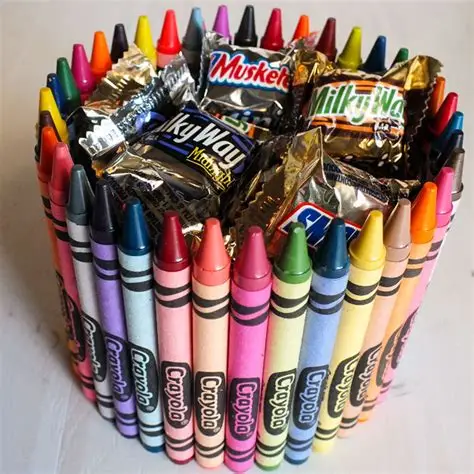 A candy bowl made from colorful crayons