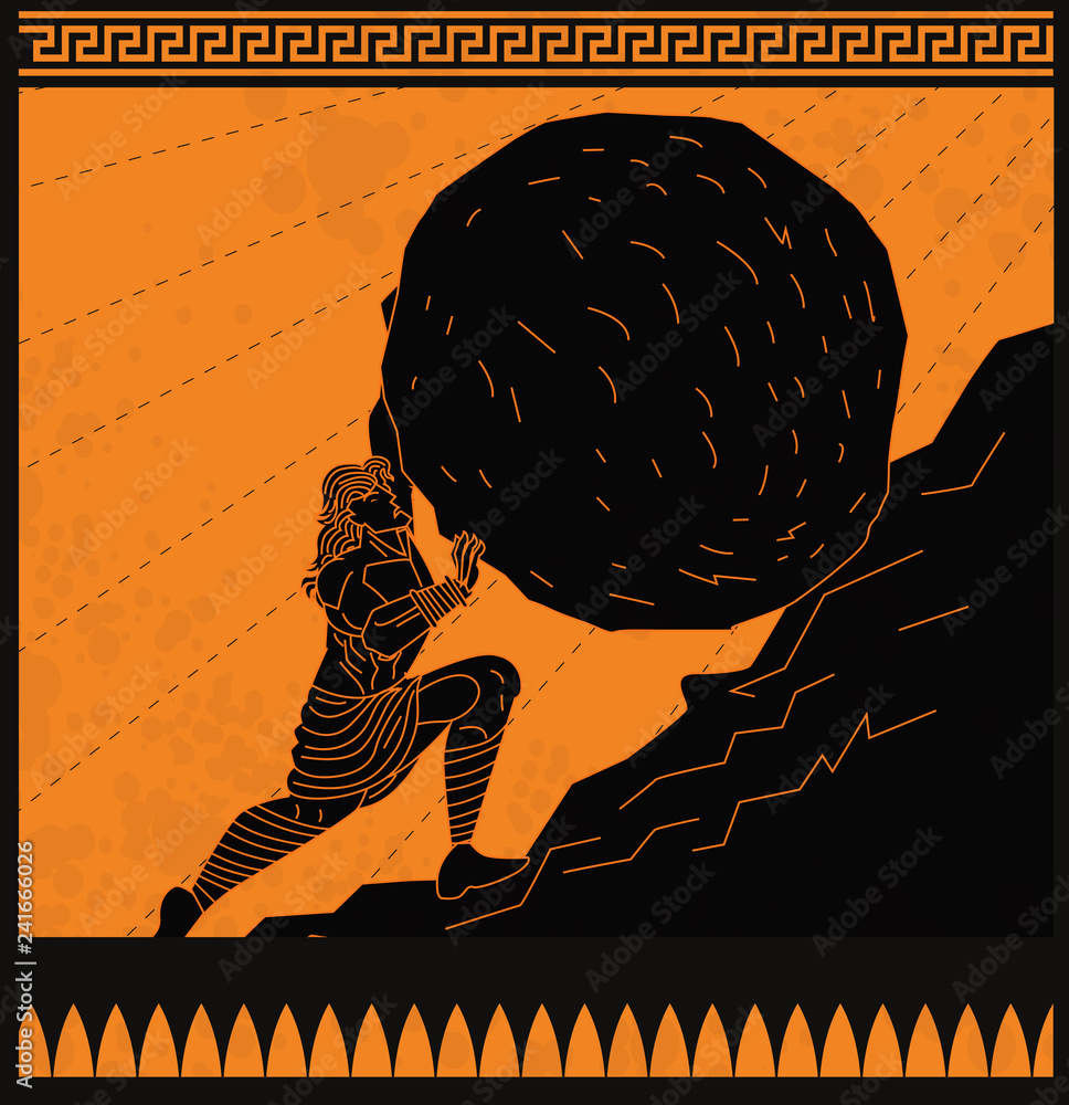 A stylized illustration of Sisyphus pushing a boulder uphill