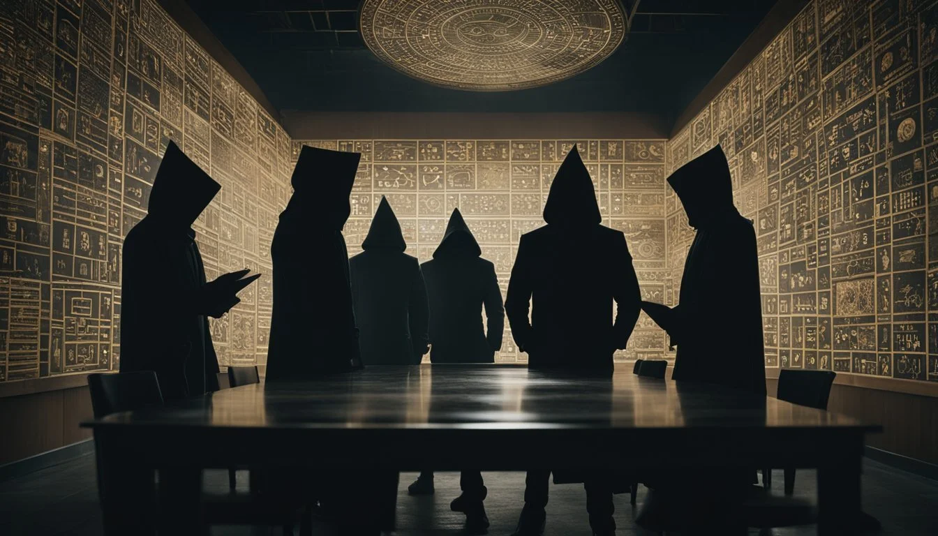 Shadowy figures gathered around a conference table in a room covered with organizational diagrams